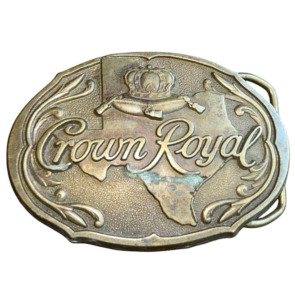 Vintage Crown Royal Western Metal Bronze tone Color Heavy Duty Belt Buckle